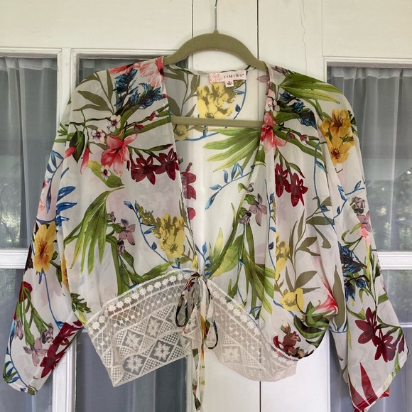 Timing Tops - Timing Multicolor Floral Tie-Front Blouse